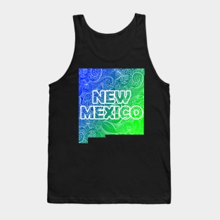 Colorful mandala art map of New Mexico with text in blue and green Tank Top